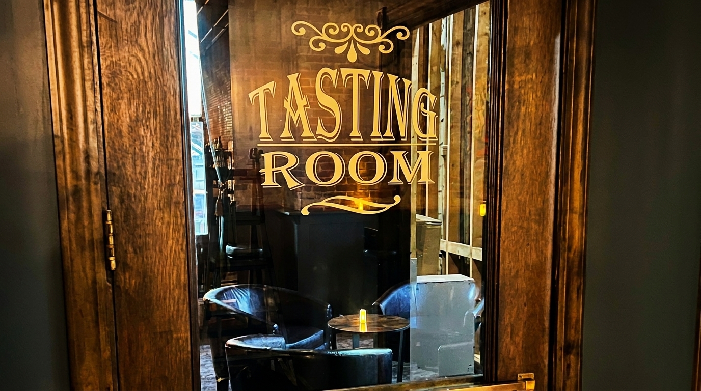 A glass door with "Tasting Room" etched on it, revealing a cozy interior with armchairs and a table.