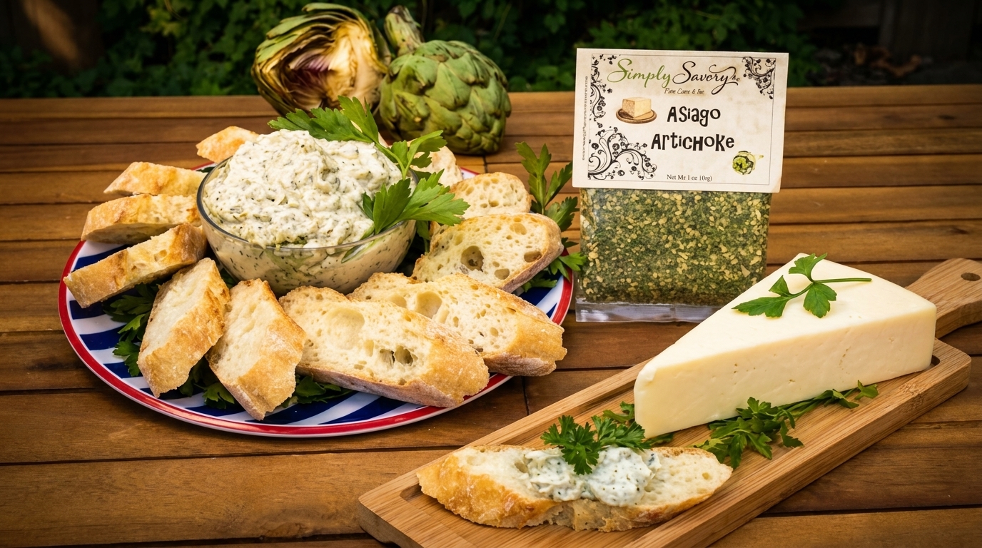 Asiago Artichoke dip with sliced baguette, a wedge of cheese, and a seasoning packet.
