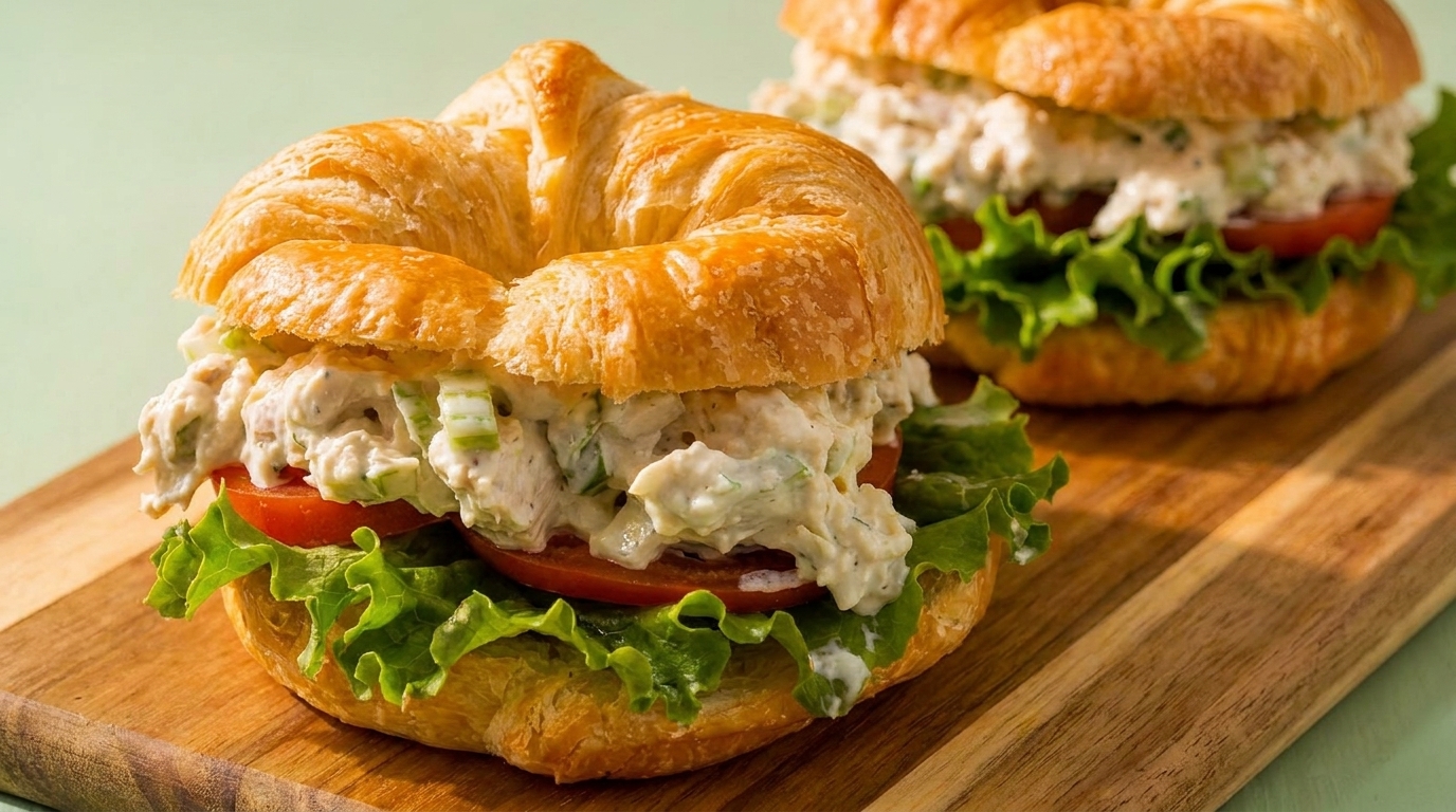 Two chicken salad croissant sandwiches with lettuce and tomato on a wooden board.
