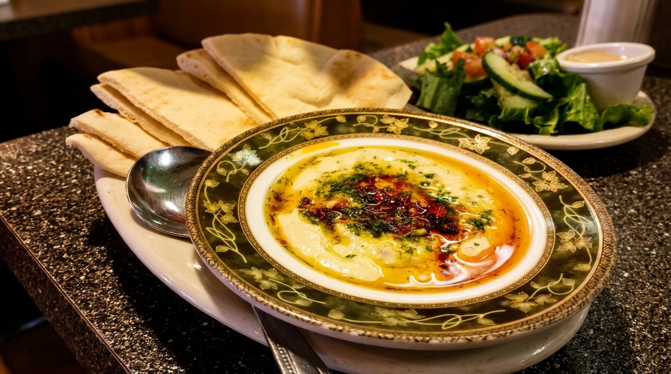 A bowl of hummus with olive oil and spices, pita bread, and a side salad on a dark table.