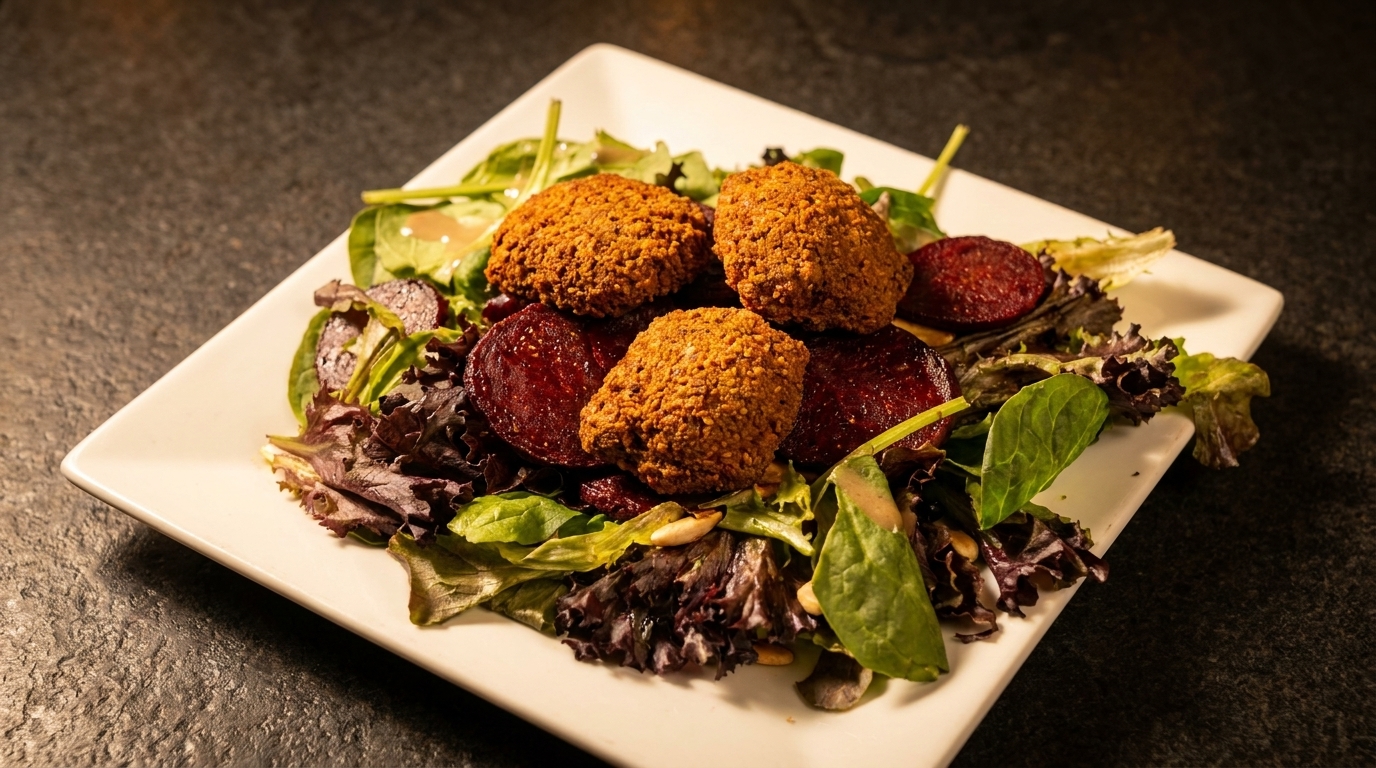 A vibrant salad with three crispy falafel, roasted beets, mixed greens, and a light dressing.