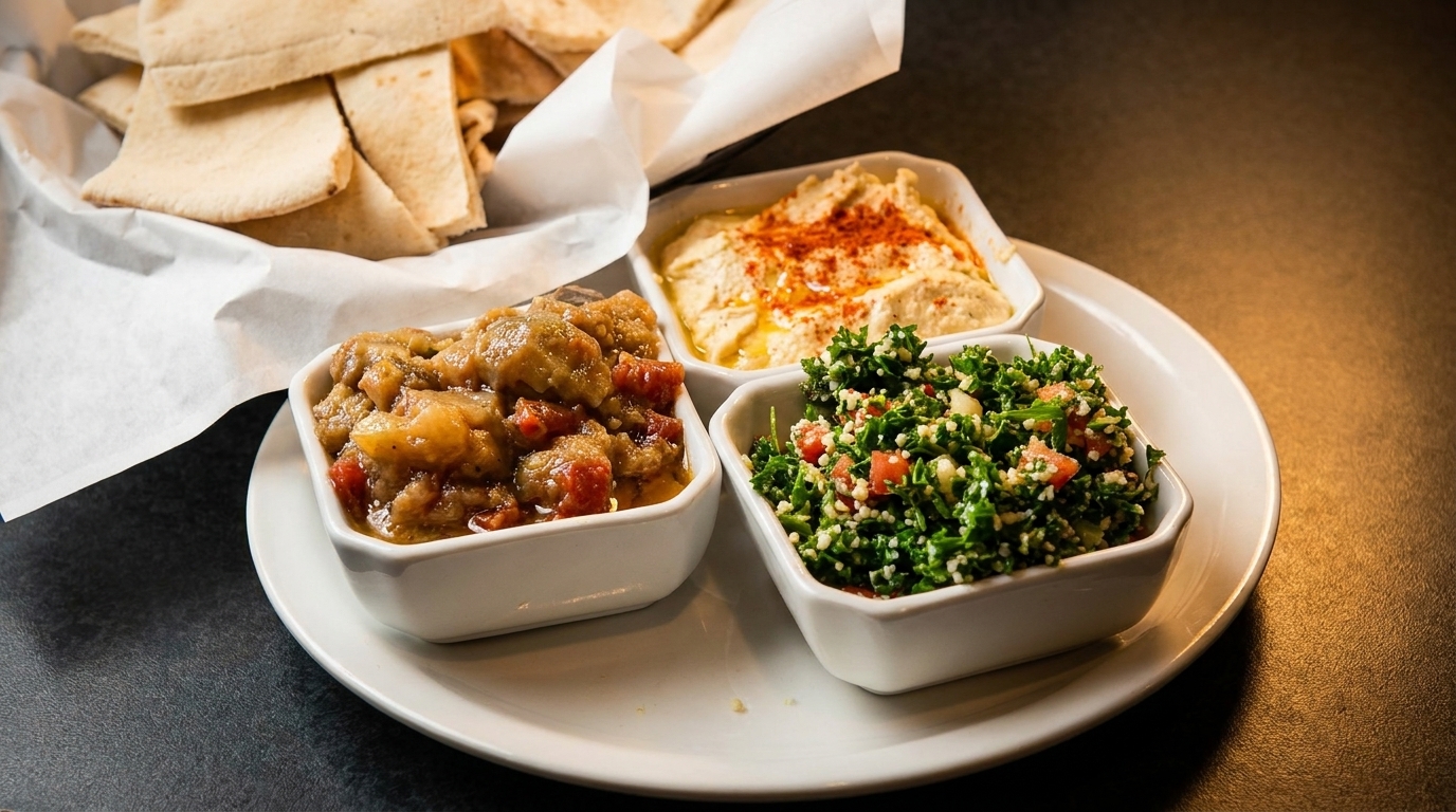 A platter with pita bread, baba ghanoush, hummus, and tabbouleh salad on a dark table.