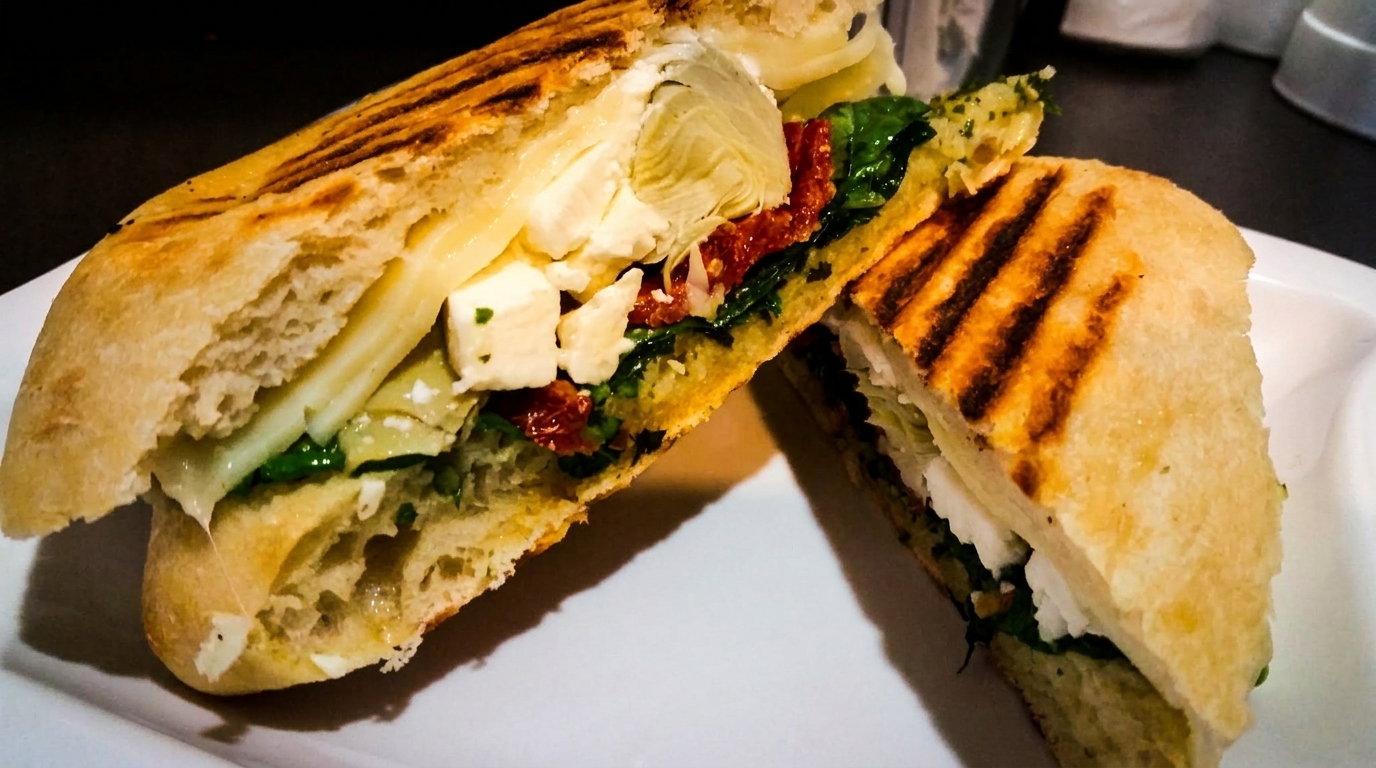 Grilled panini sandwich with artichoke hearts, sun-dried tomatoes, feta cheese, and spinach.