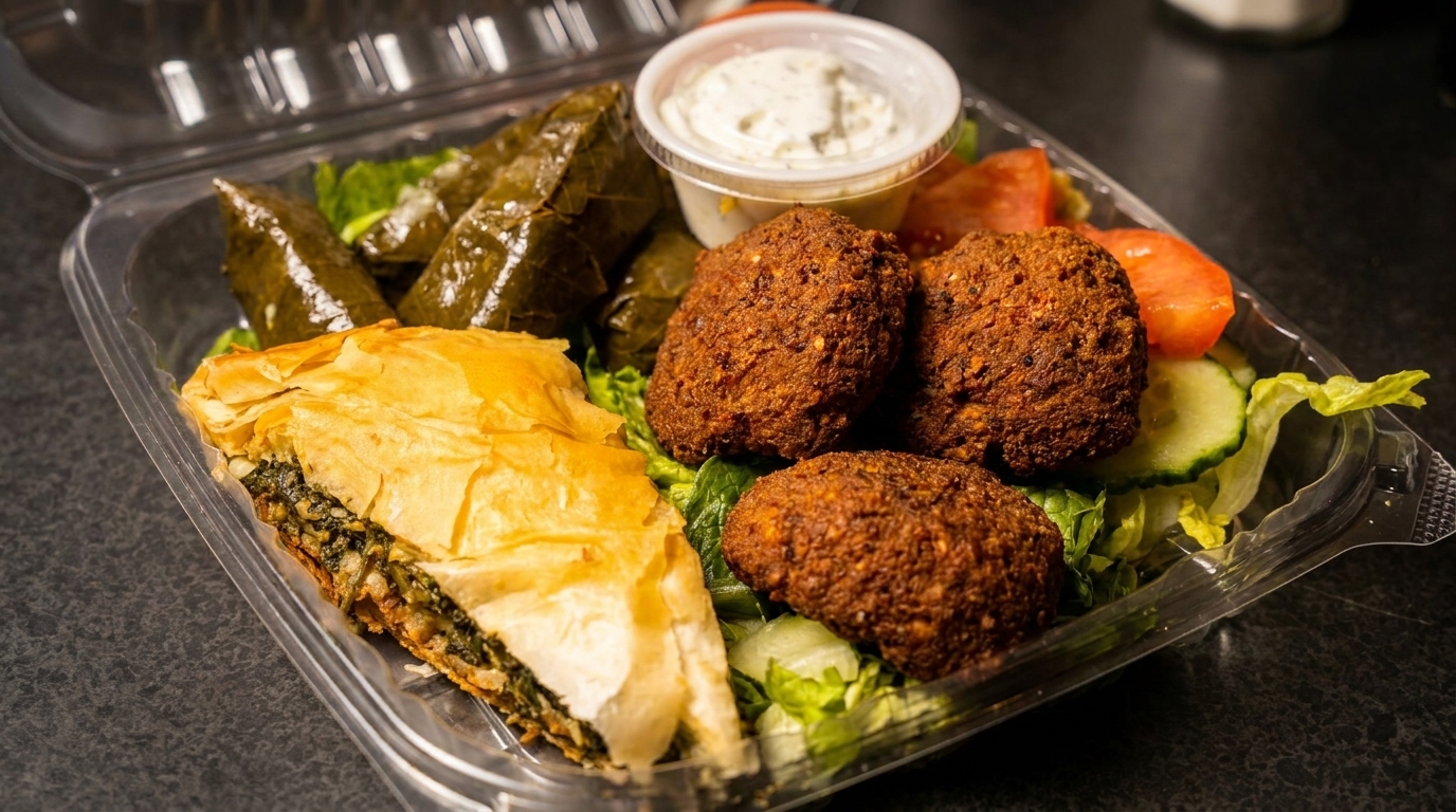 A takeout container filled with falafel, spanakopita, dolmades, salad, and a side of tzatziki sauce.