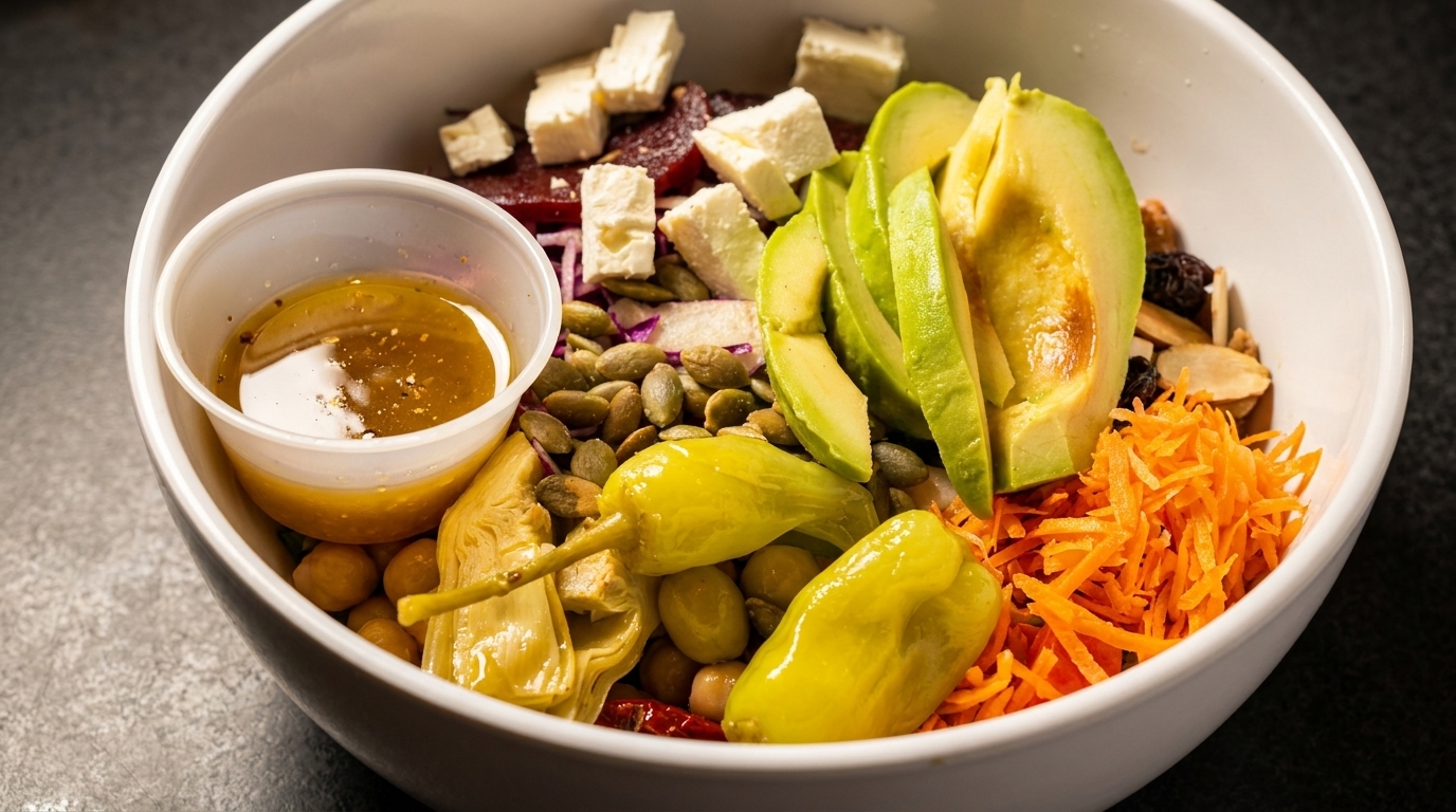 A vibrant salad bowl with avocado, feta, pumpkin seeds, carrots, and dressing.