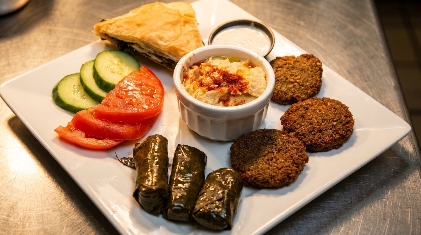 A white plate with hummus, falafel, stuffed grape leaves, spanakopita, sliced tomatoes, and cucumbers.