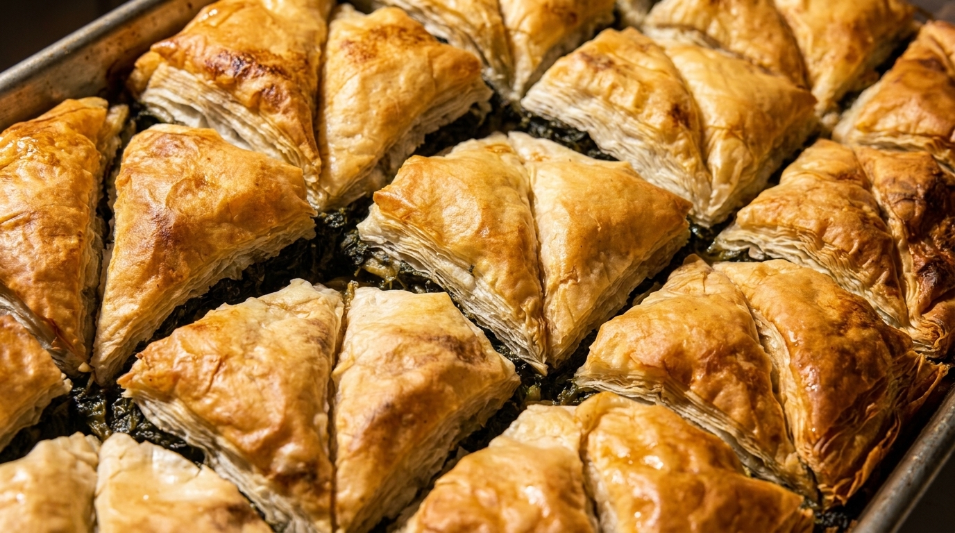 Close-up of golden-brown, triangular spinach pies (spanakopita) arranged in a baking pan.