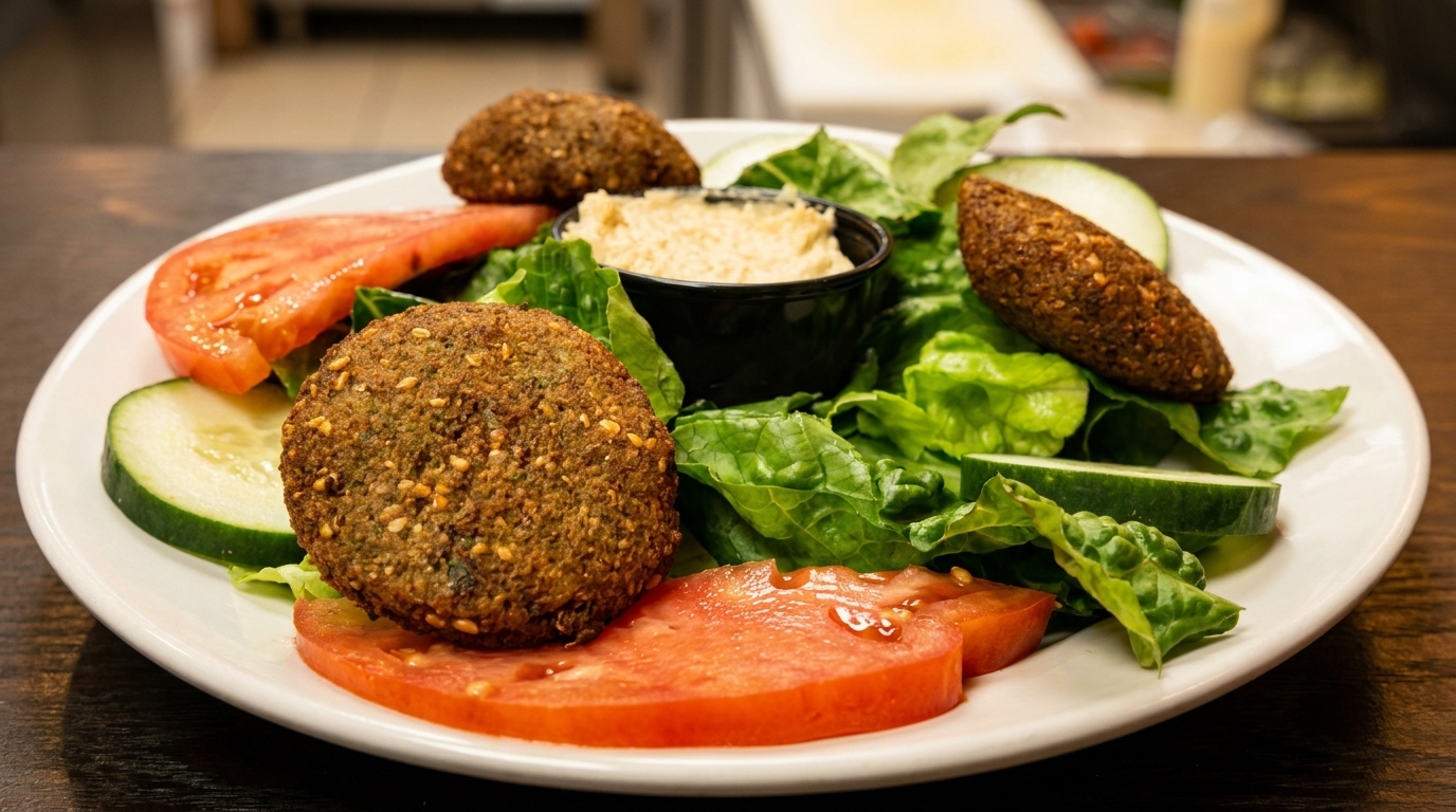Falafel, kibbeh, hummus, lettuce, tomatoes, and cucumbers on a white plate.