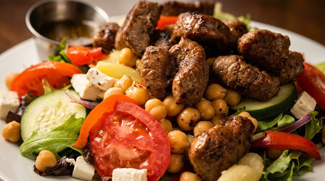 Close-up of a salad with grilled meat, chickpeas, tomatoes, cucumbers, and feta cheese.