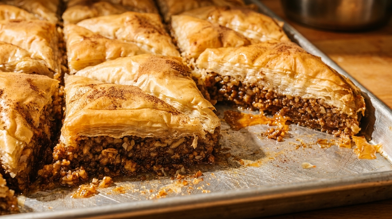 Golden brown baklava squares, one cut open to show the nutty filling, on a metal baking sheet.
