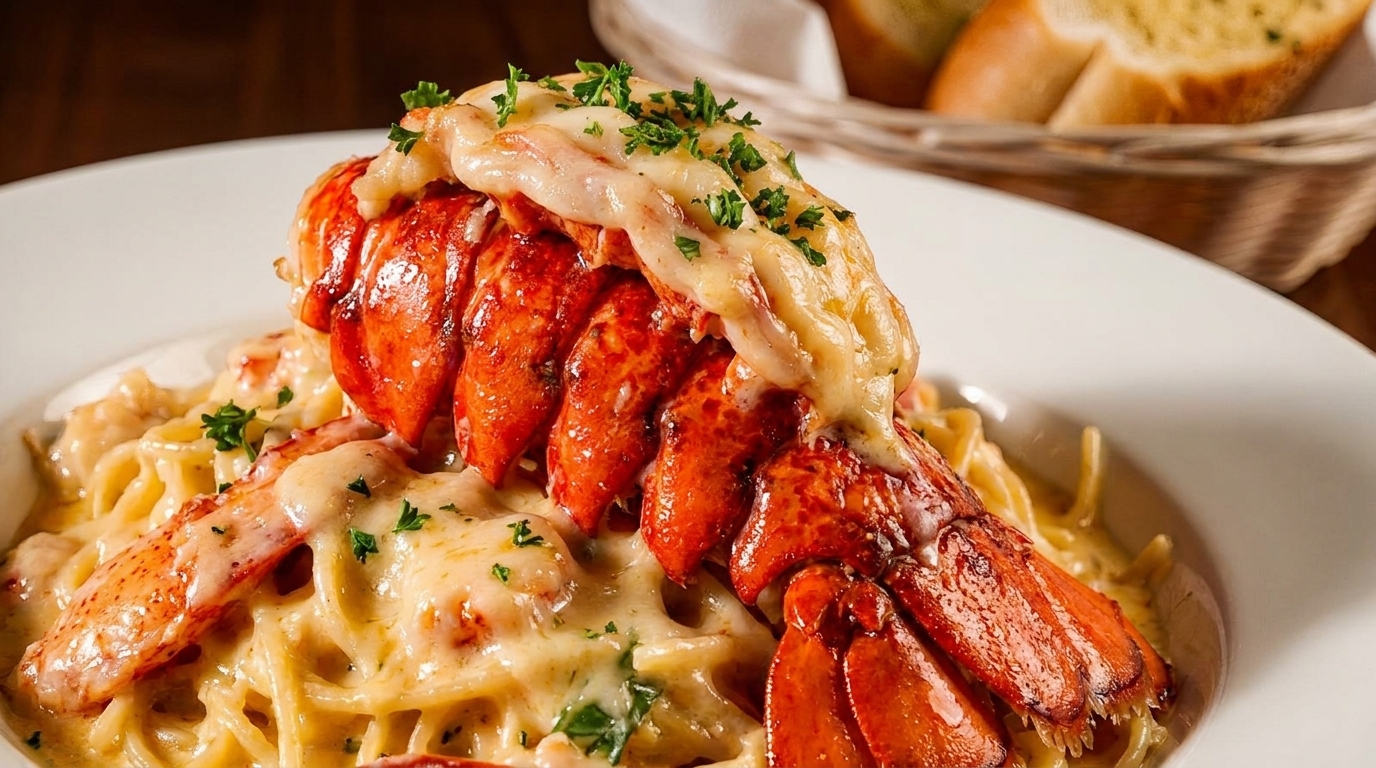 Lobster tail with melted cheese and parsley on a bed of pasta in a creamy sauce, with garlic bread.