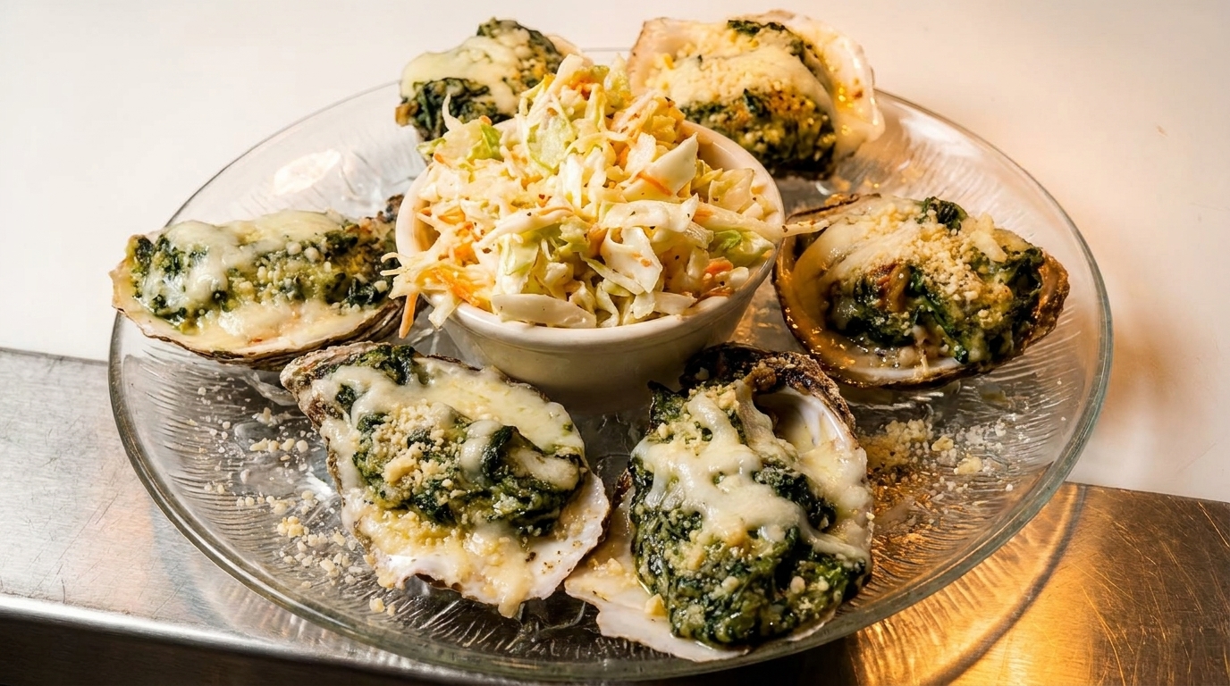 A clear plate holds five baked oysters with melted cheese and spinach, surrounding a bowl of coleslaw.