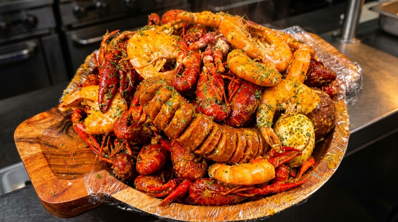 A large wooden platter overflowing with seasoned crawfish, shrimp, sausage, and potatoes.