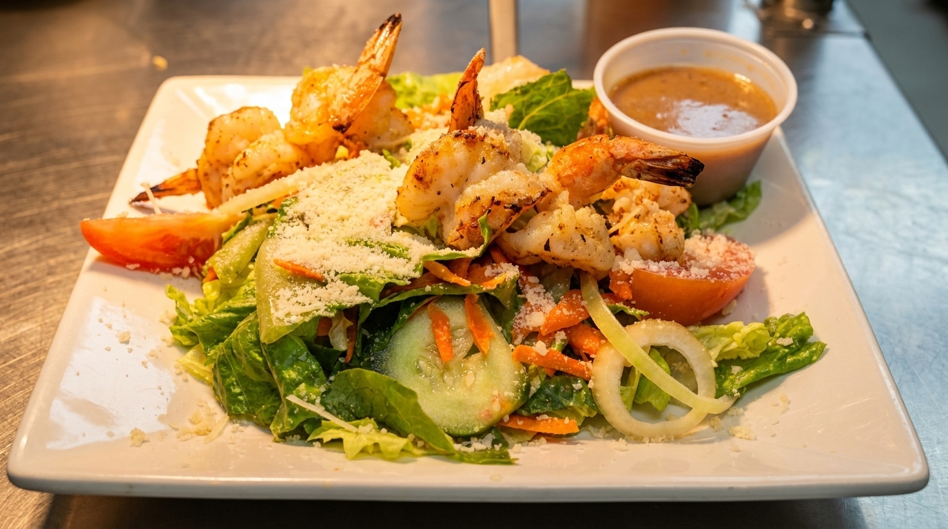 Grilled shrimp salad with lettuce, tomatoes, cucumbers, onions, and shredded cheese, served with dressing.