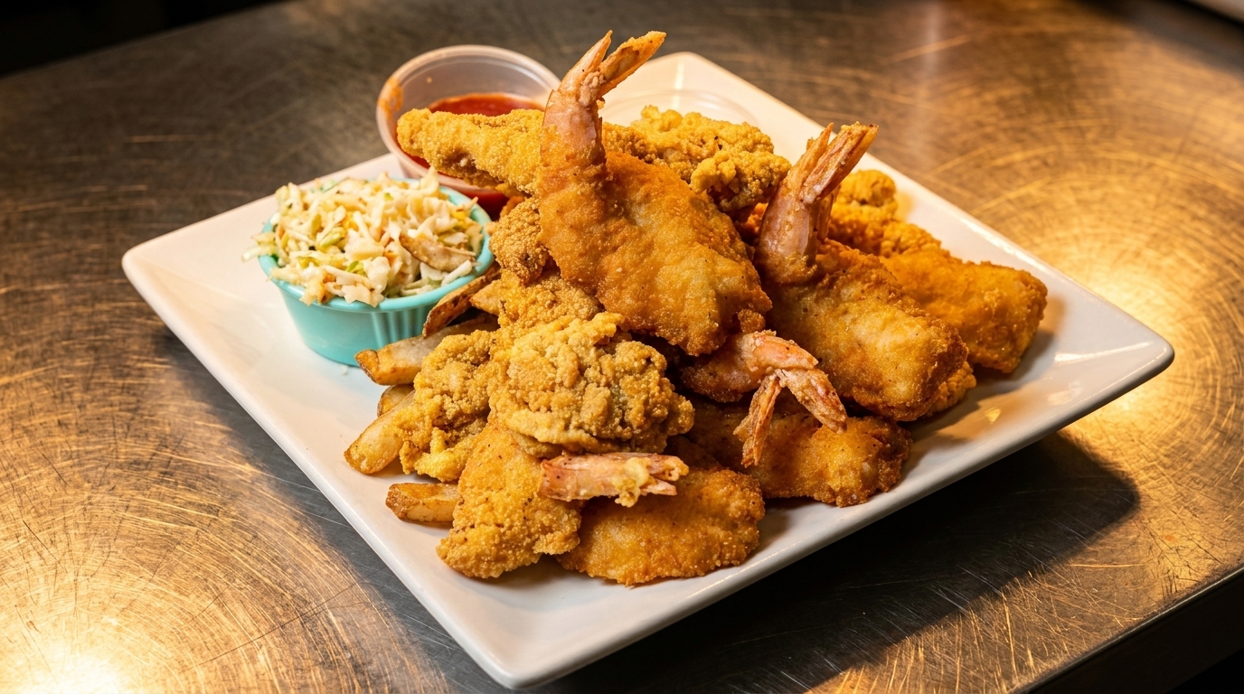A platter of golden-fried shrimp and fish with coleslaw and cocktail sauce on a metal surface.