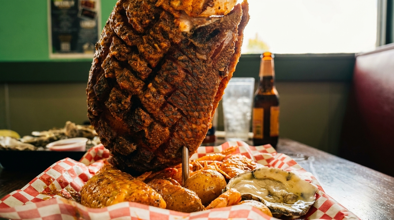 A whole fried fish stands upright in a basket with shrimp, potatoes, corn, and oysters.