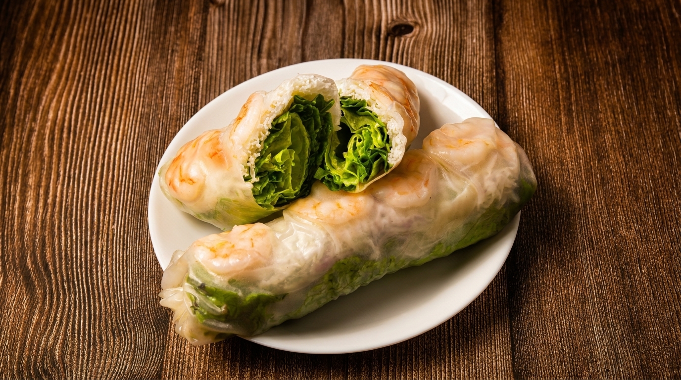 Two fresh shrimp spring rolls on a white plate, one cut in half to show lettuce and rice noodles.