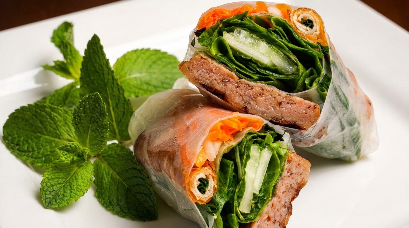 Two fresh Vietnamese spring rolls filled with pork, lettuce, and carrots, garnished with mint.