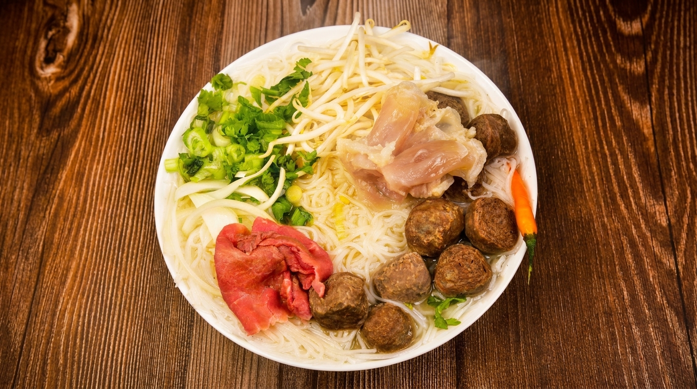Overhead view of a pho bowl with noodles, various meats, bean sprouts, and herbs.