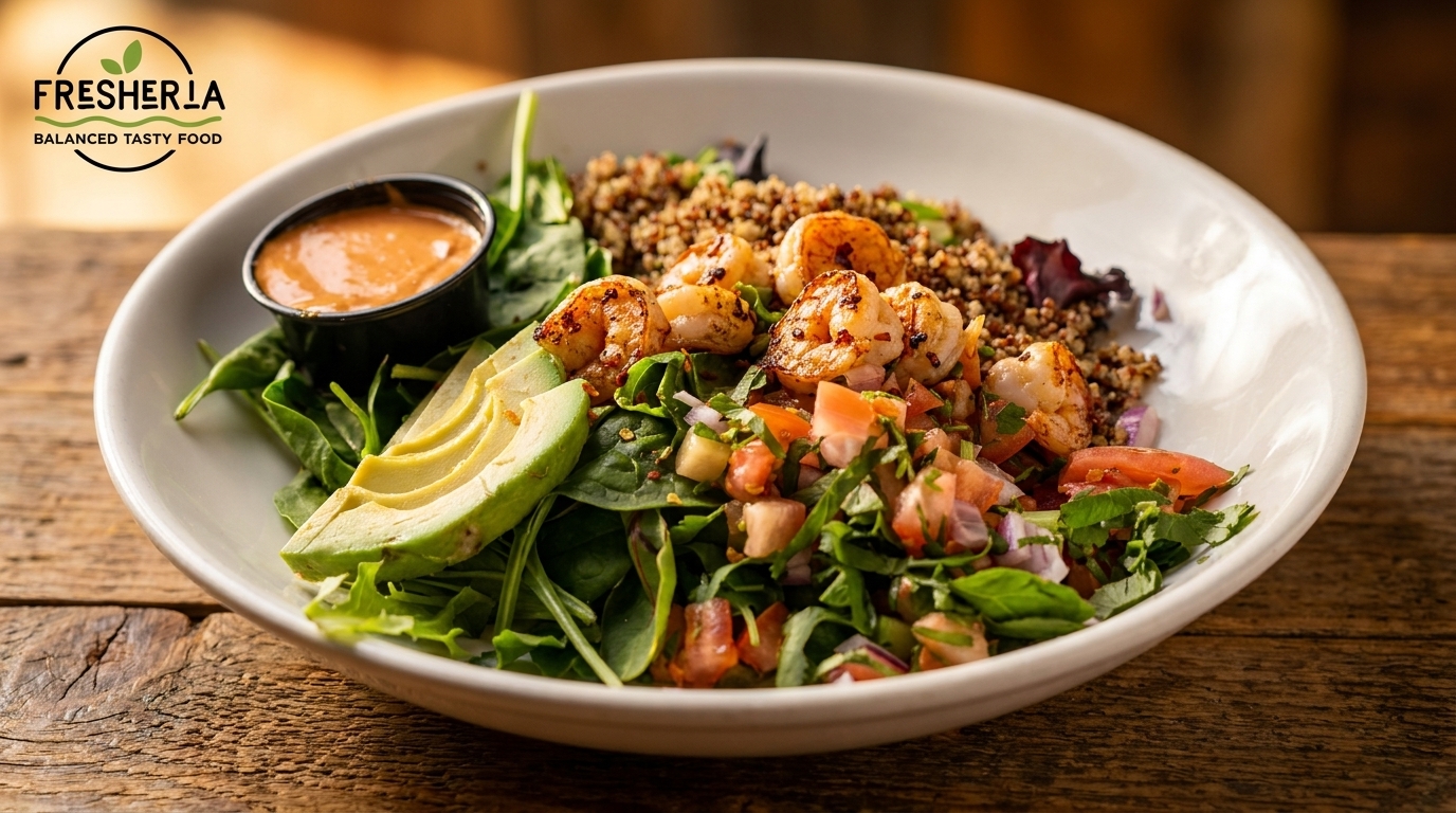 Fresher LA's shrimp and quinoa bowl with avocado, salsa, and dressing on a wooden table.