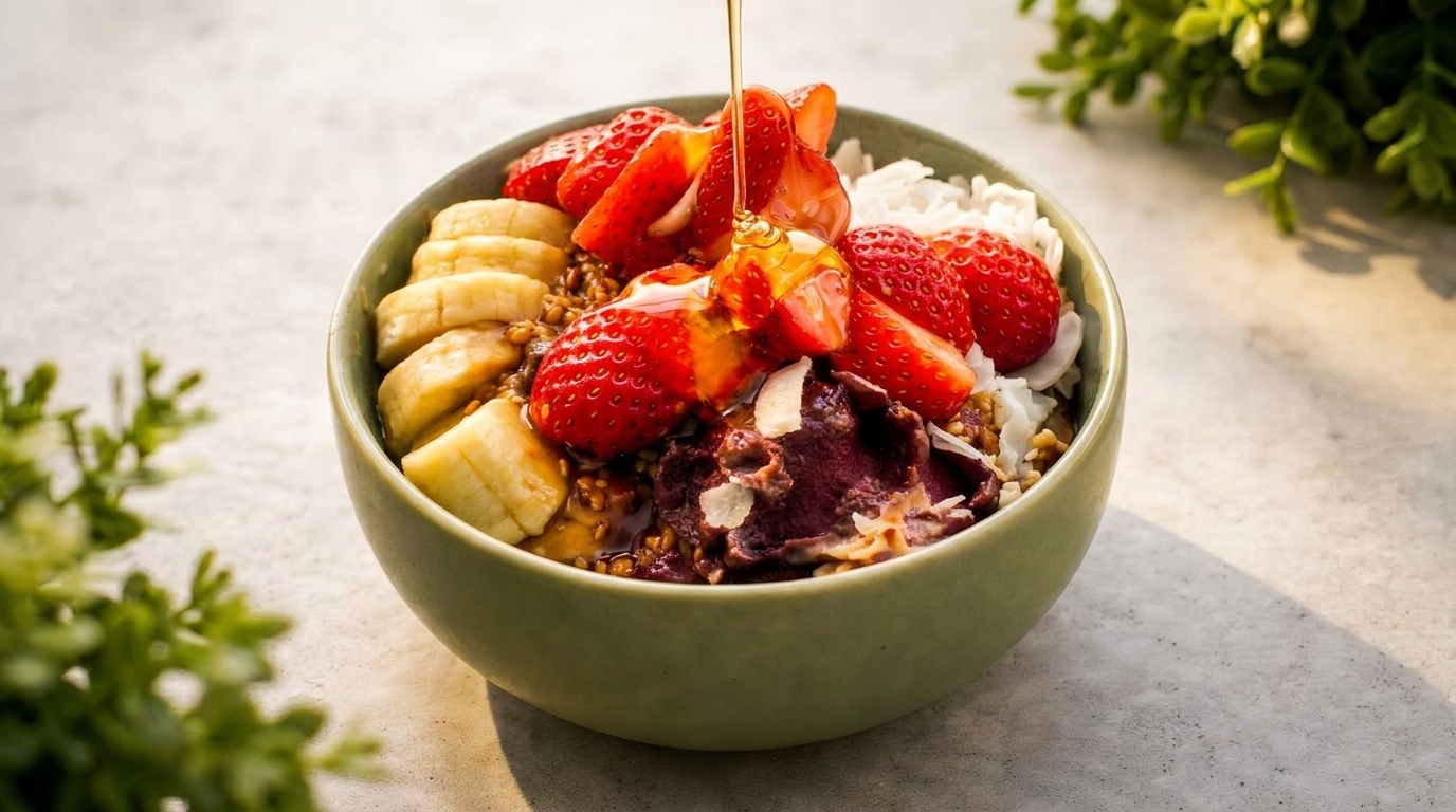 Honey drizzling over an acai bowl with strawberries, bananas, and coconut flakes.