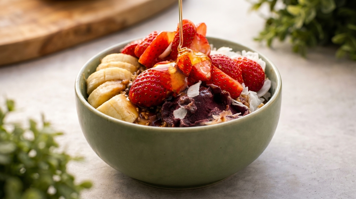A green bowl of acai, bananas, strawberries, coconut flakes, and granola, with honey drizzled on top.