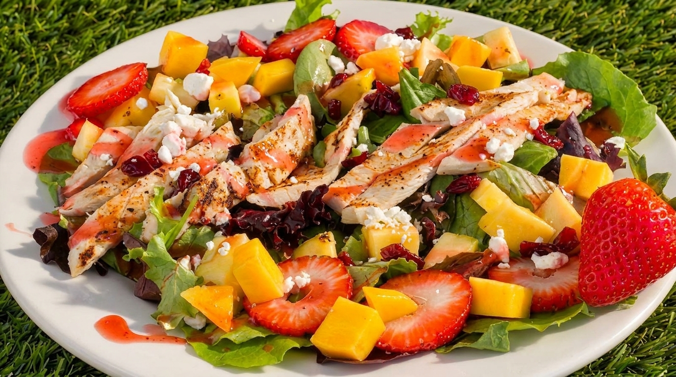 Grilled chicken salad with strawberries, mango, cranberries, and feta cheese on a white plate.
