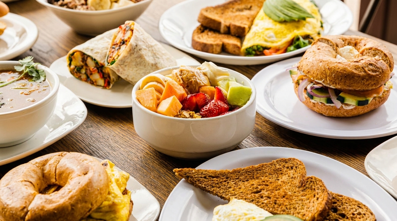 Table laden with breakfast items: omelet, toast, fruit bowl, bagel sandwiches, and a breakfast burrito.