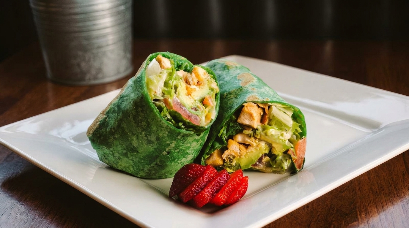 Two green wraps filled with chicken, avocado, and lettuce, served with sliced strawberries.