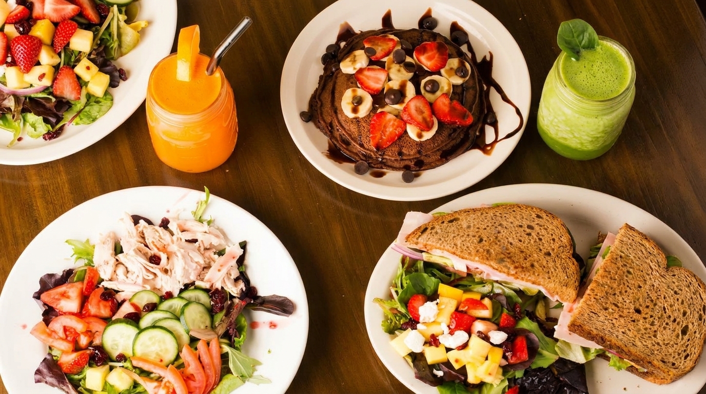 Overhead view of a table laden with two vibrant salads, a sandwich, chocolate pancakes, and two fresh juices.