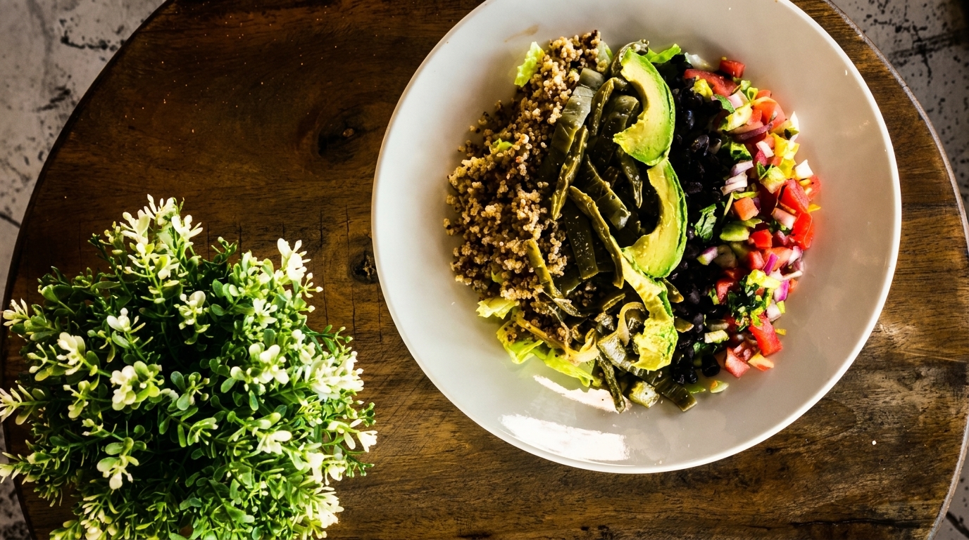 Overhead view of a colorful quinoa bowl with avocado, black beans, and salsa on a wooden table.