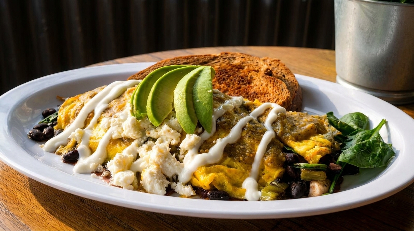 A plate of green chile omelet with avocado, feta, black beans, and toast.