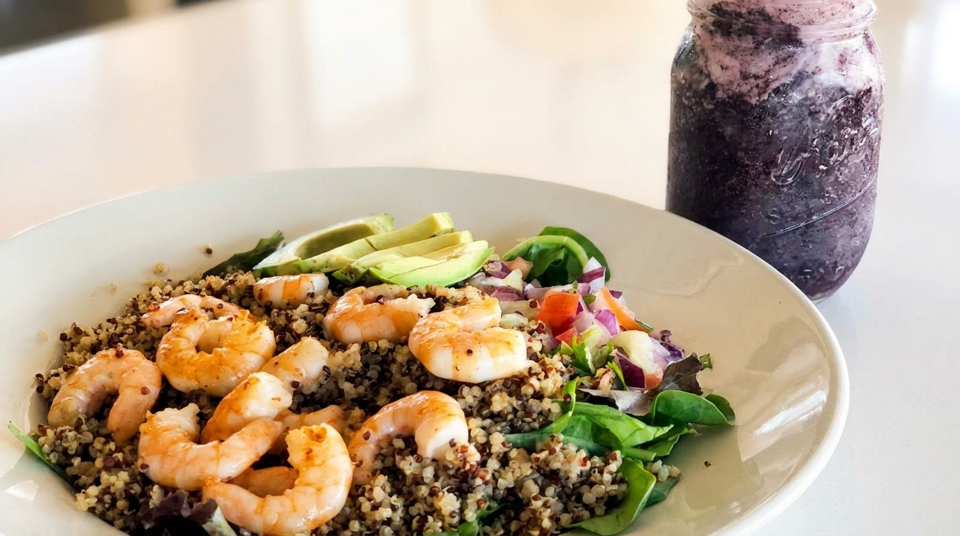 Shrimp and quinoa bowl with avocado, mixed greens, and a berry smoothie in a mason jar.