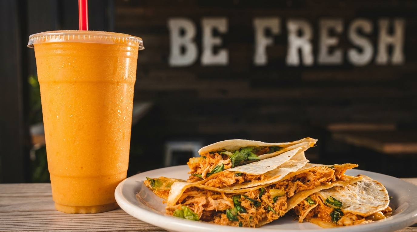 Chicken quesadillas and an orange smoothie on a wooden table with a "BE FRESH" sign.