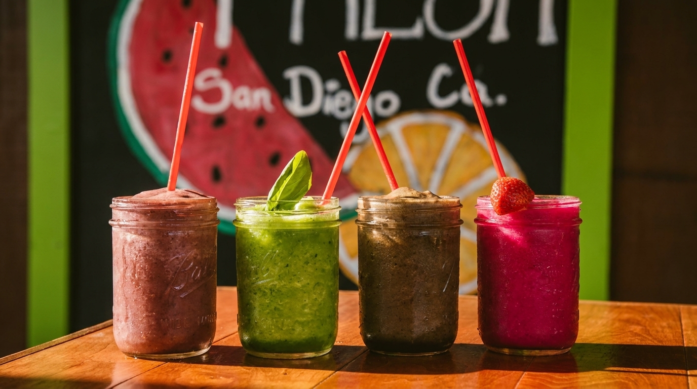 Four colorful smoothies in mason jars with red straws on a wooden table, against a fruit-themed backdrop.