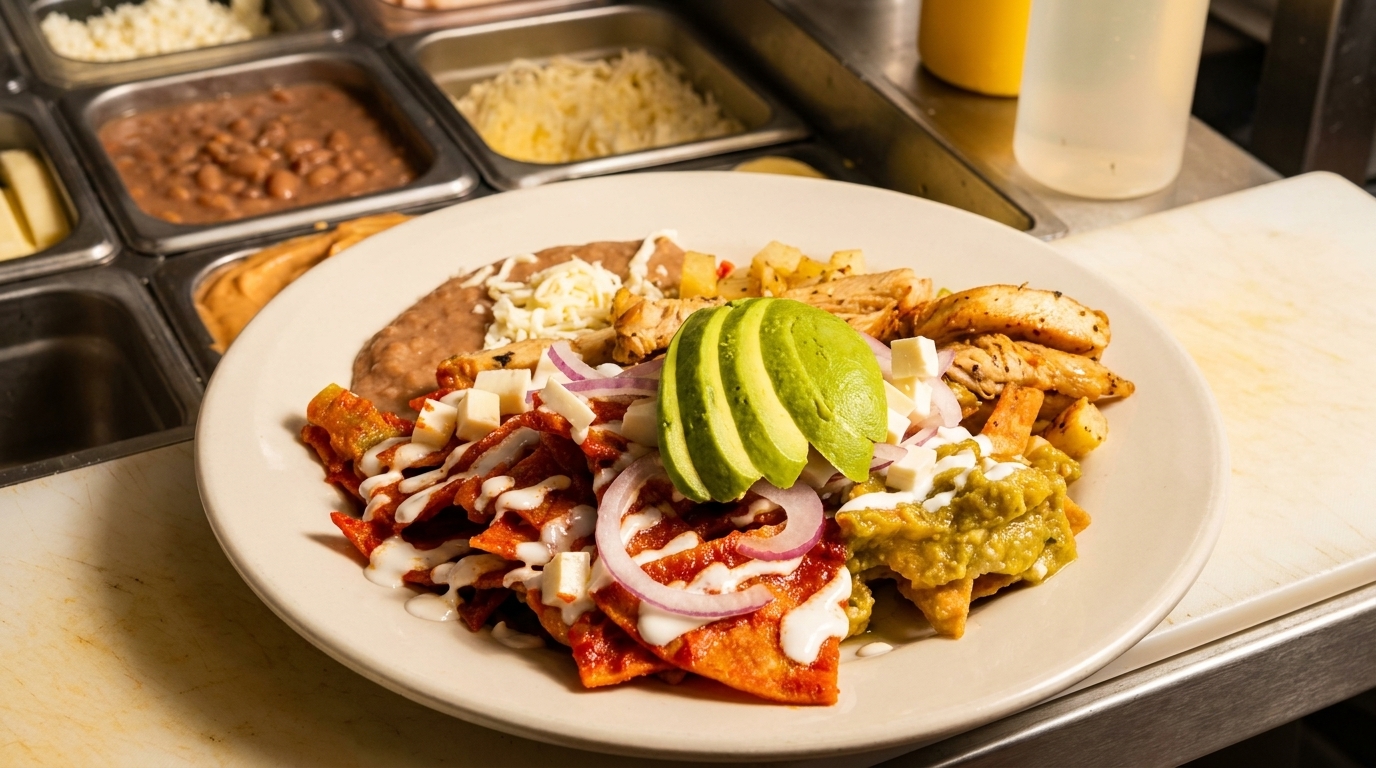 A plate of chilaquiles with red and green sauce, avocado, chicken, and refried beans.