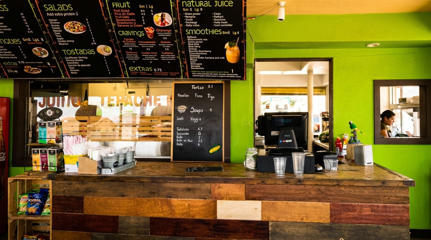 A vibrant green juice bar interior with a wooden counter, menu boards, and a person working behind the counter.