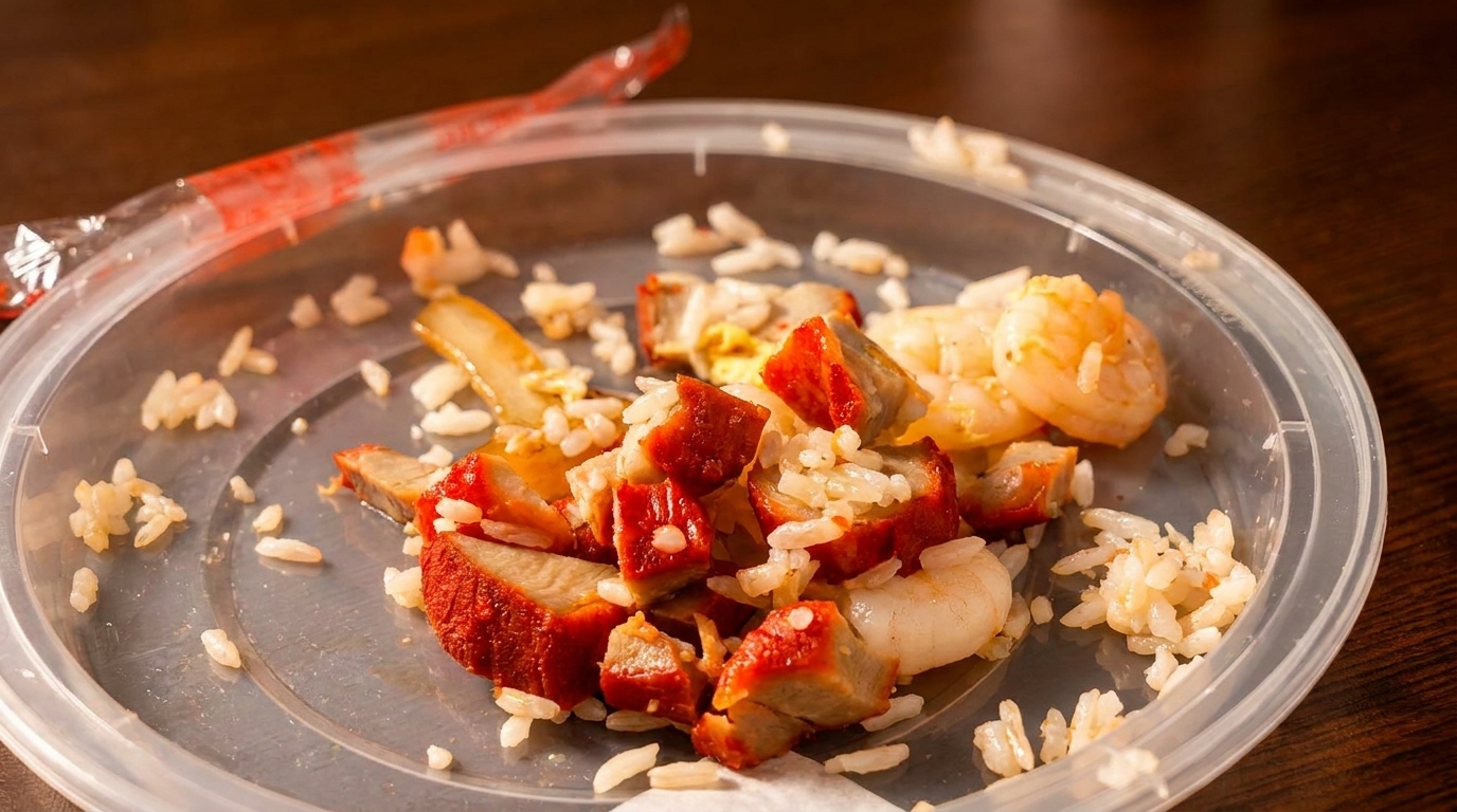 Leftover rice, char siu pork, and shrimp in a clear plastic takeout container.