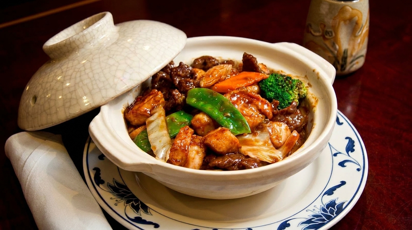 Clay pot with beef, chicken, broccoli, carrots, and snow peas on a patterned plate.