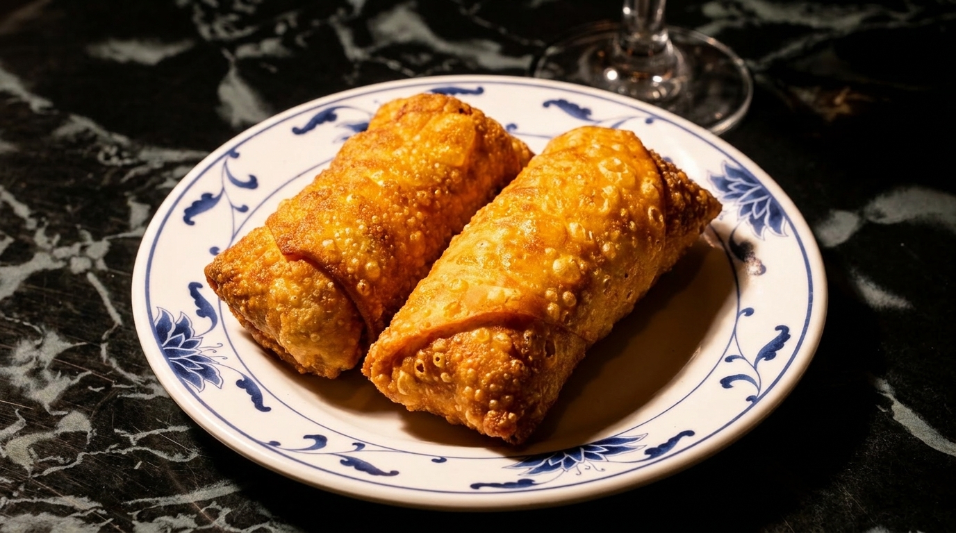 Two crispy, golden-brown egg rolls on a white plate with blue floral patterns, on a dark marble table.