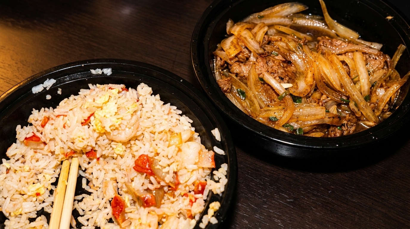 Two black bowls of Asian food, one with fried rice and the other with beef and onions.