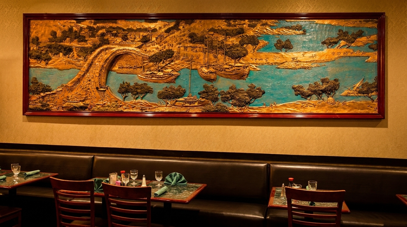 A large, framed golden relief art piece depicting a landscape with boats and a bridge hangs above restaurant booths.