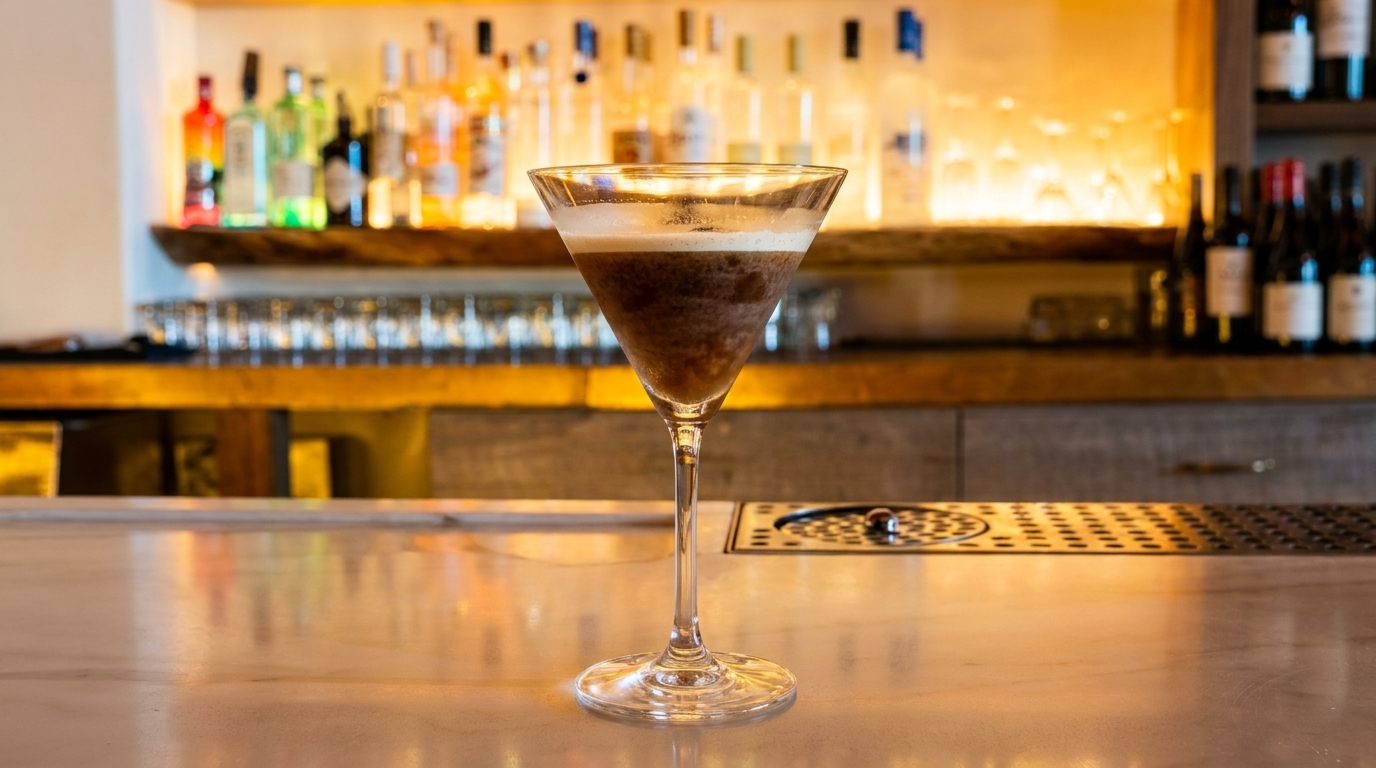 Espresso martini with foamy top on a bar counter, with bottles and glasses in the background.