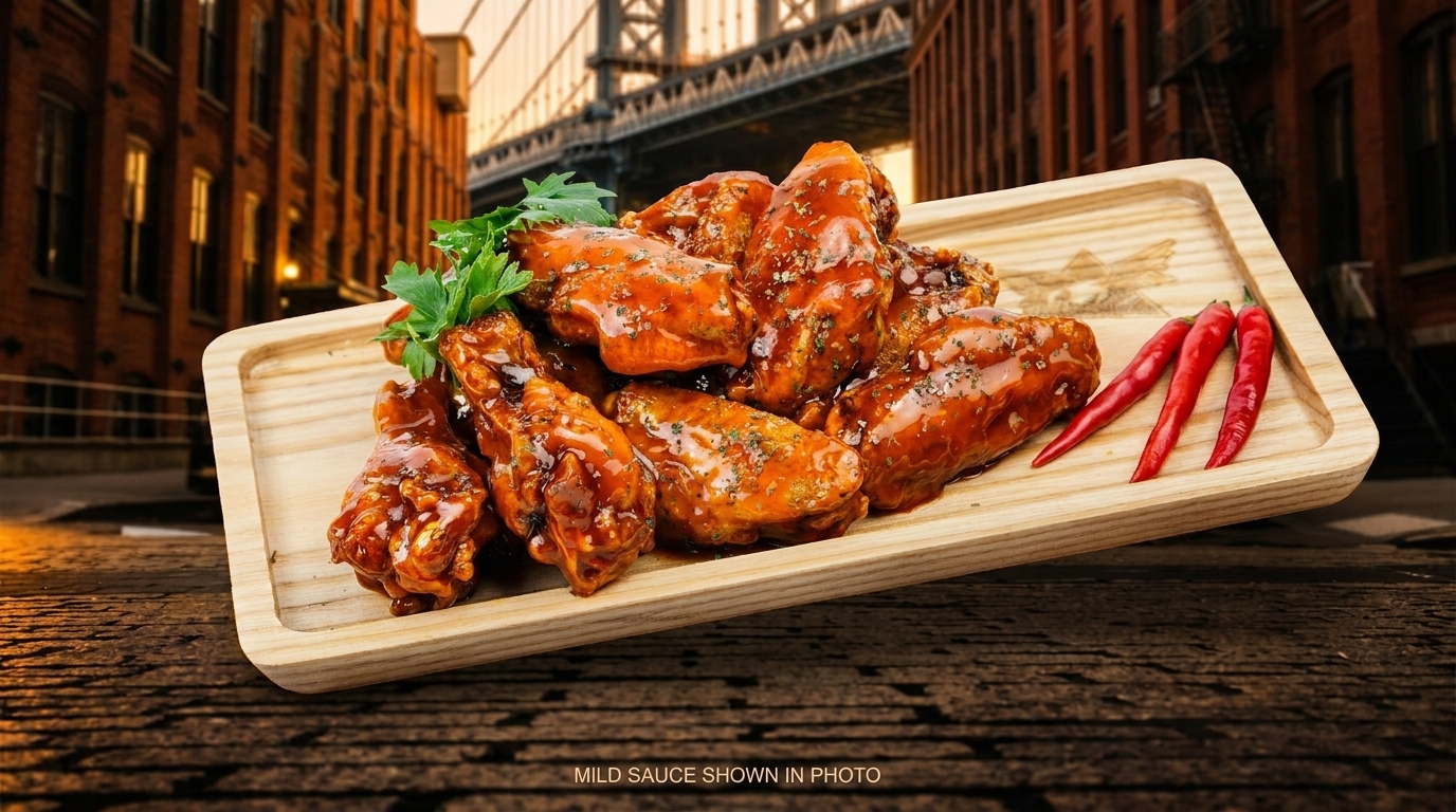 Mild sauce chicken wings with red chilies and parsley on a wooden tray, with a city street background.