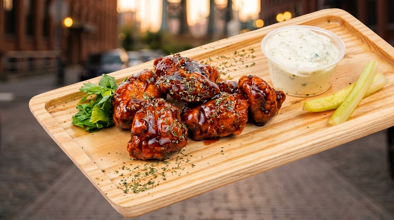 Sweet and spicy chicken wings with ranch, celery, and pickles on a wooden tray outdoors.