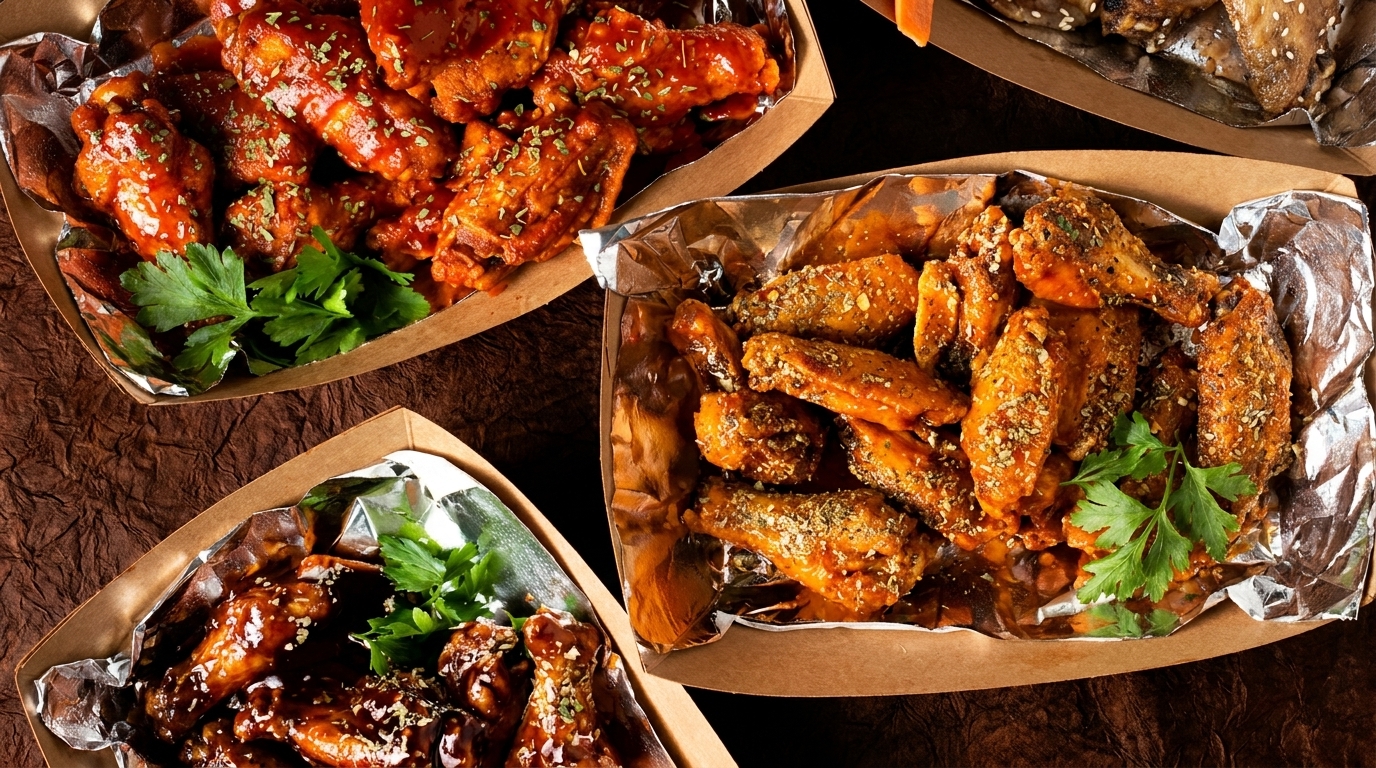 Three foil-lined cardboard trays filled with various flavors of chicken wings, garnished with parsley.