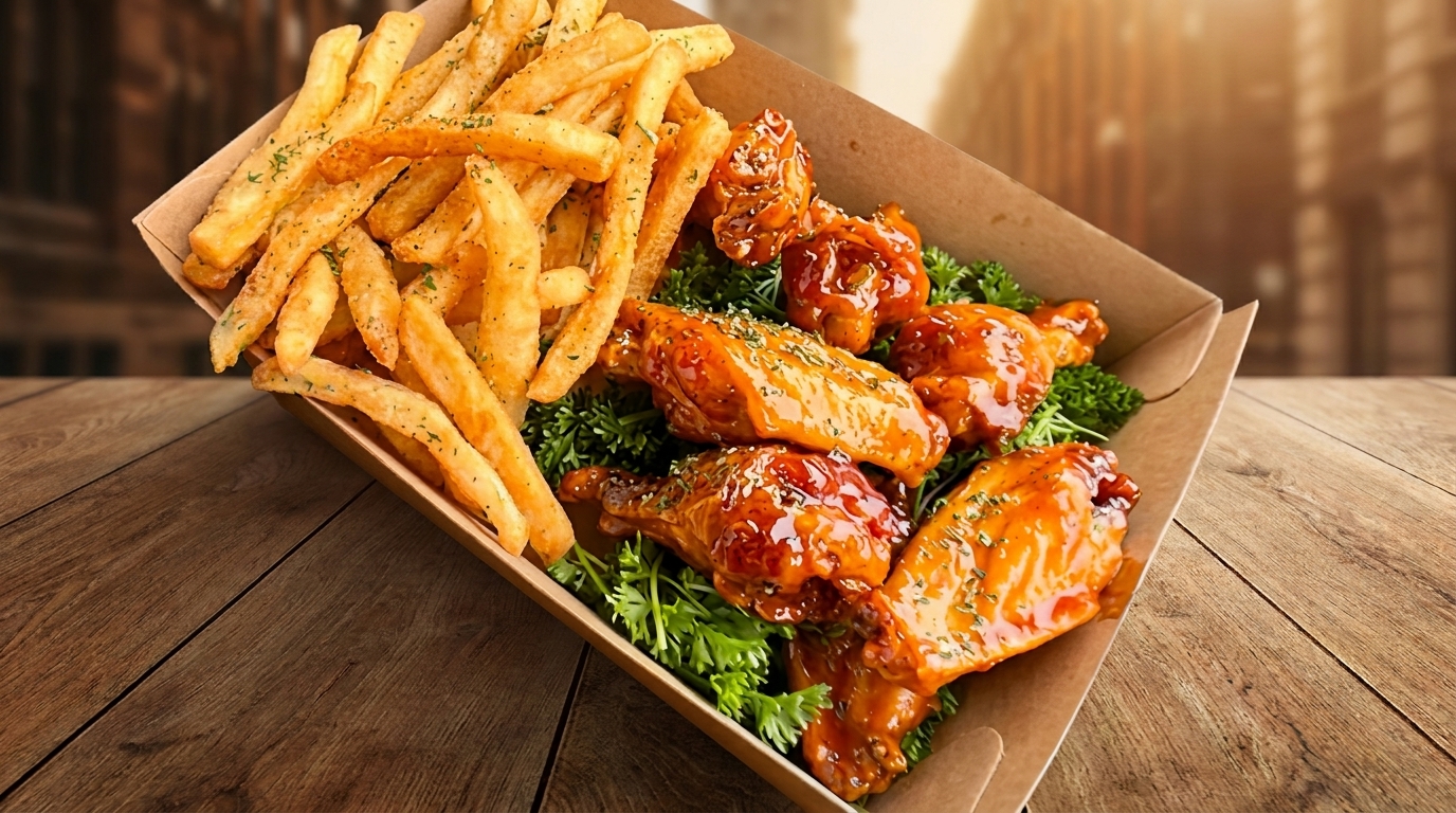 Crispy french fries and glazed chicken wings with parsley in a takeout container on a wooden table.