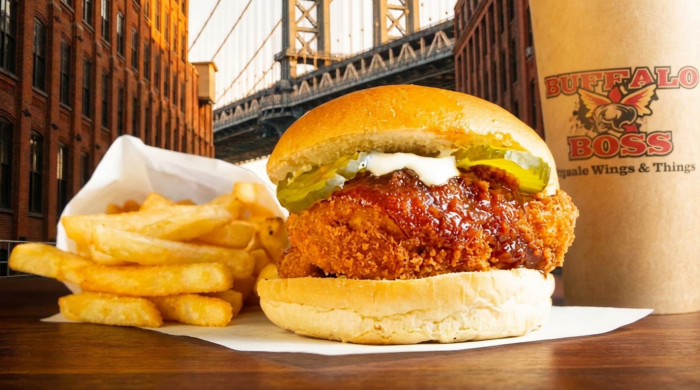 Buffalo Boss chicken sandwich, fries, and branded cup on a table with a bridge and buildings in the background.