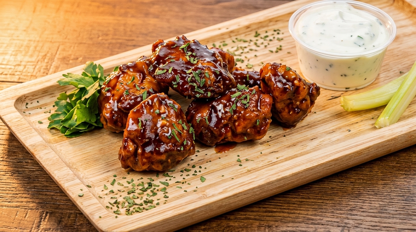 BBQ chicken wings with ranch dressing, celery, and parsley on a wooden tray.
