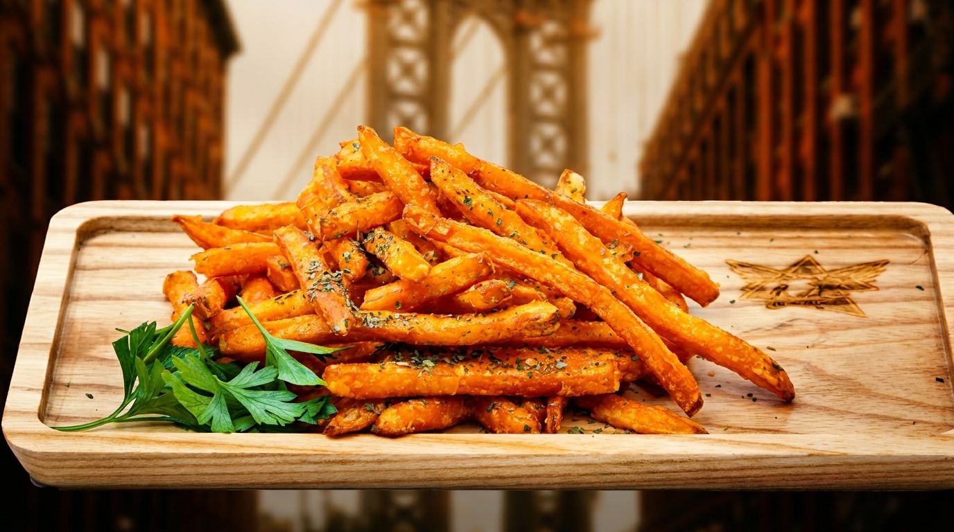 Sweet potato fries with herbs and parsley on a wooden board, with a blurred bridge in the background.
